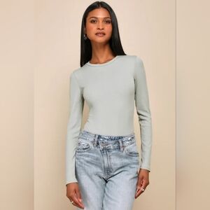 Lulus Effortless Upgrade Sage Green Ribbed Long Sleeve Bodysuit S NWT
